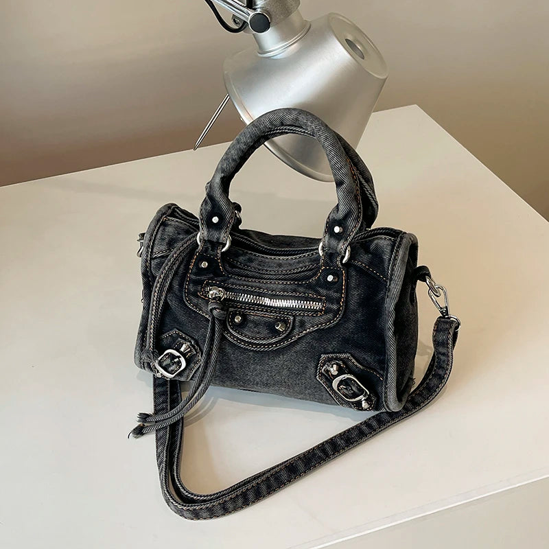 Washed Denim Rivet Shoulder Bag