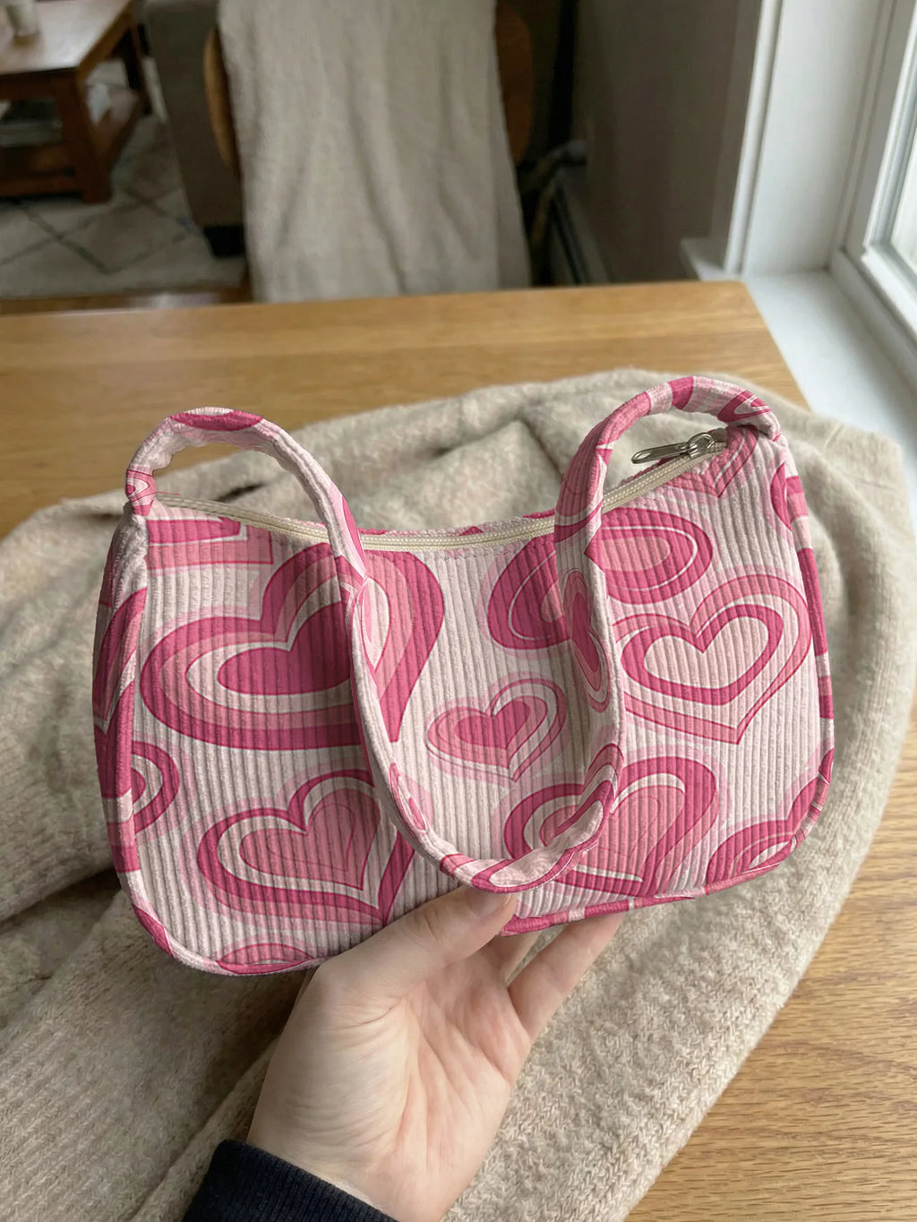 Corduroy Heart Print Hobo Bag