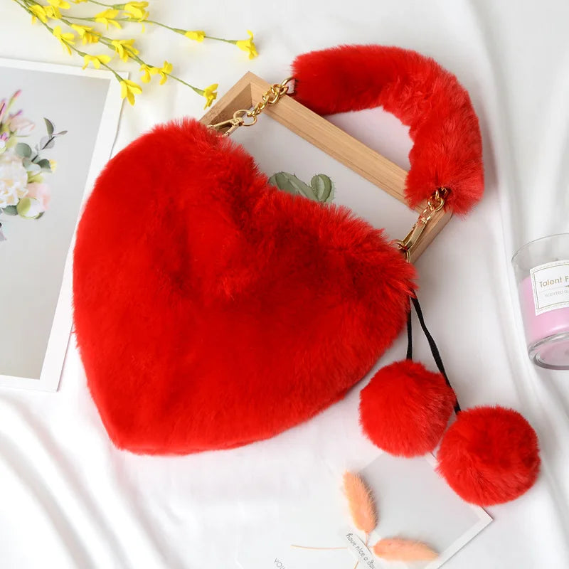 Faux Rabbit Fur Heart Crossbody Bag