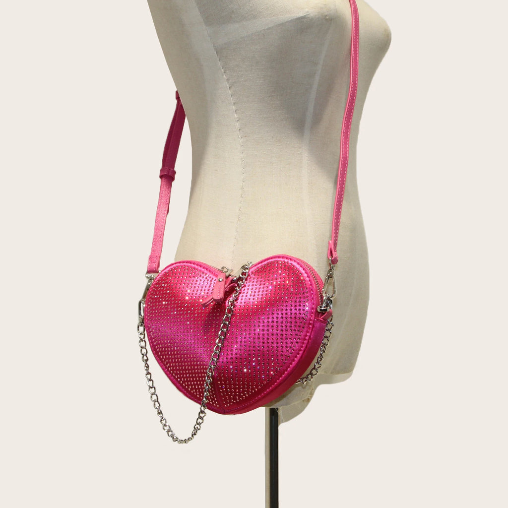 Pink Heart-Shaped Diamond Crossbody Bag