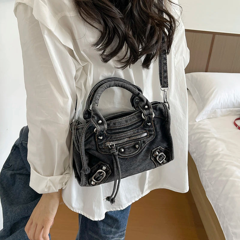 Washed Denim Rivet Shoulder Bag