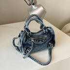 Washed Denim Rivet Shoulder Bag