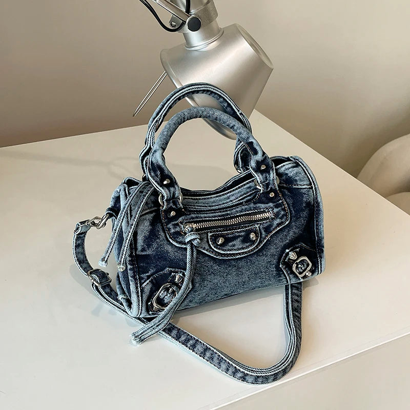 Washed Denim Rivet Shoulder Bag