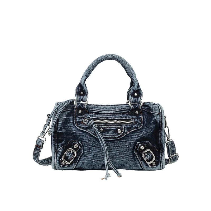 Washed Denim Rivet Shoulder Bag