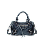 Washed Denim Rivet Shoulder Bag