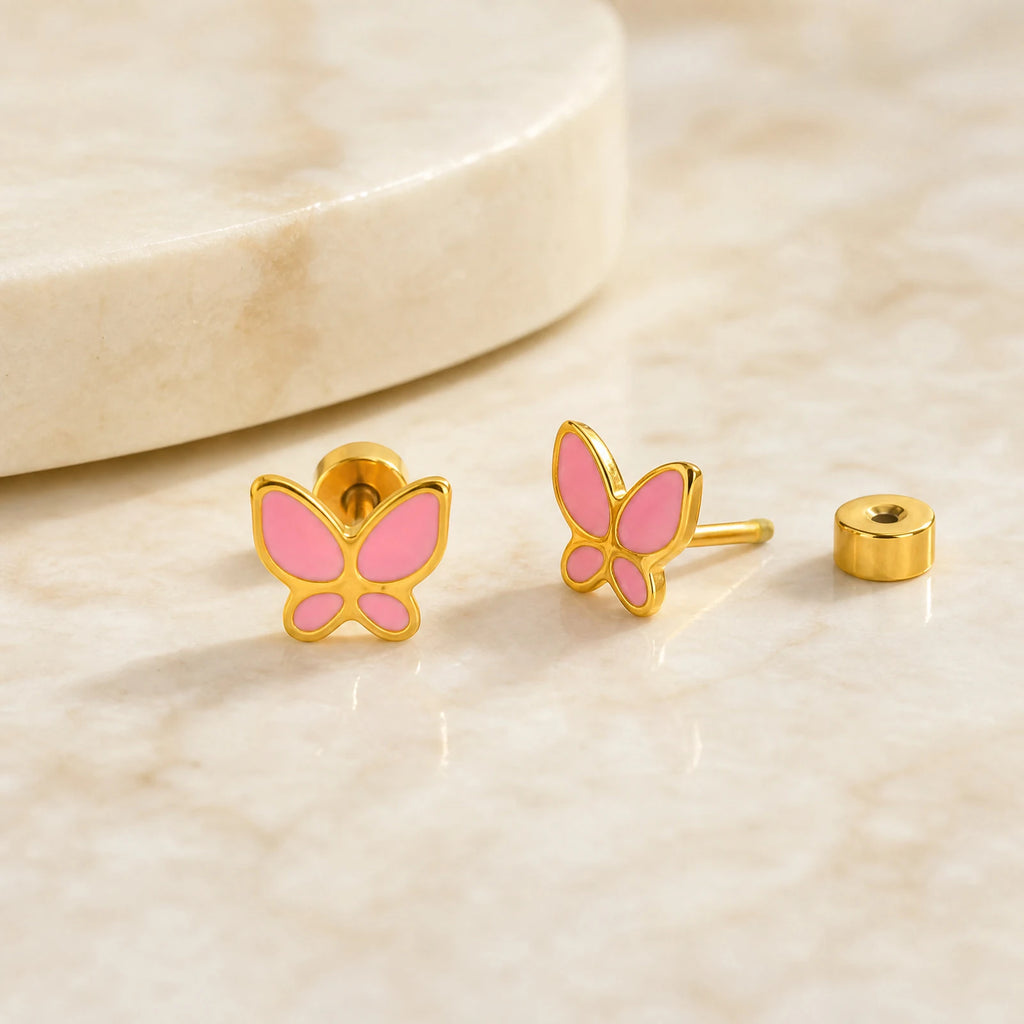 Pink Enamel Butterfly Earrings