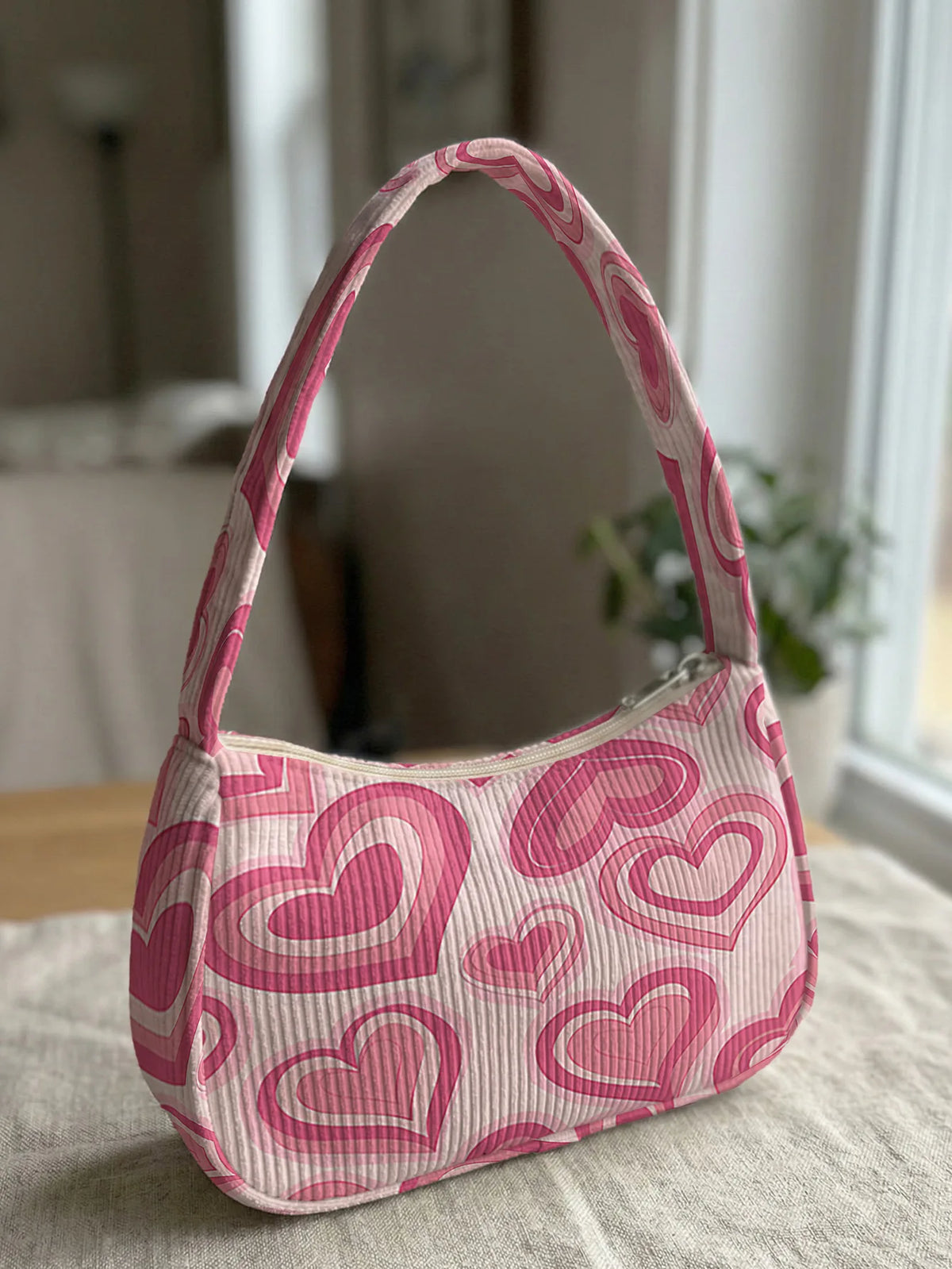 Corduroy Heart Print Hobo Bag