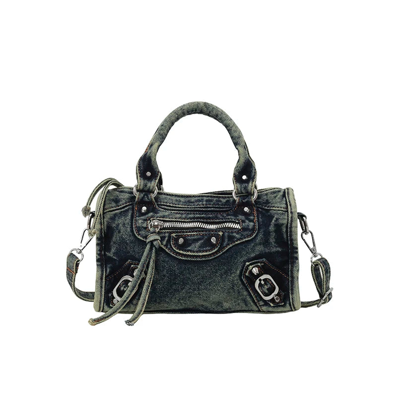 Washed Denim Rivet Shoulder Bag