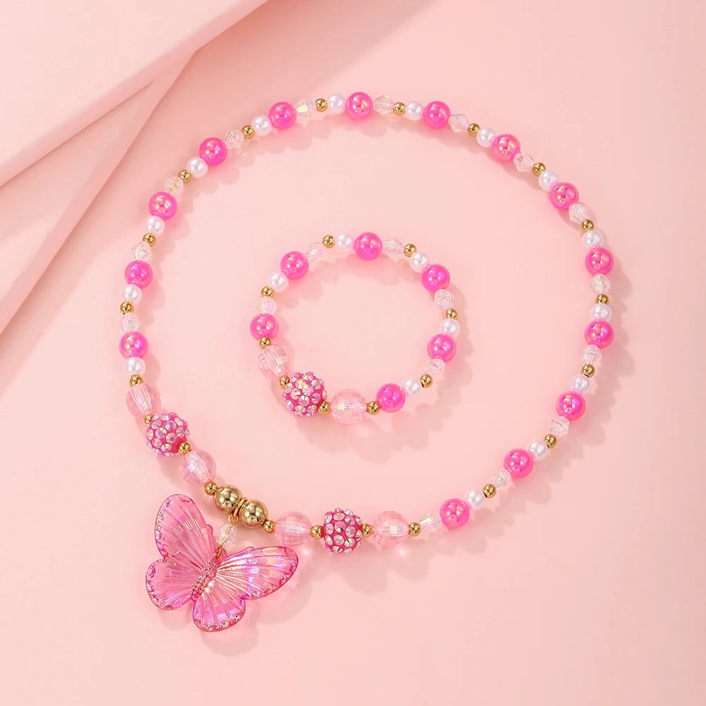 Pink Butterfly Necklace & Bracelet Set