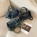 Washed Denim Rivet Shoulder Bag