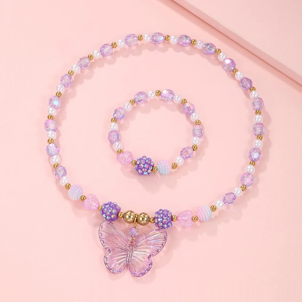 Pink Butterfly Necklace & Bracelet Set
