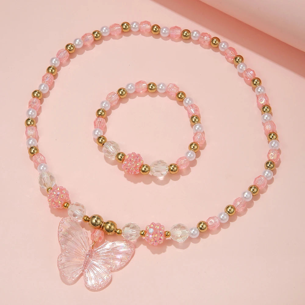 Pink Butterfly Necklace & Bracelet Set