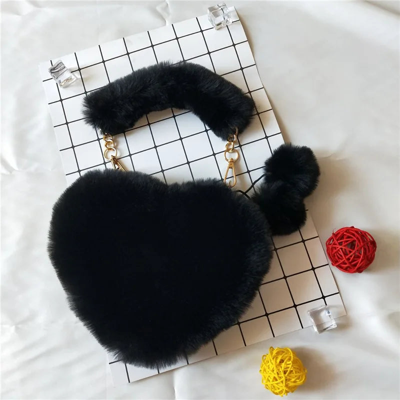 Faux Rabbit Fur Heart Crossbody Bag