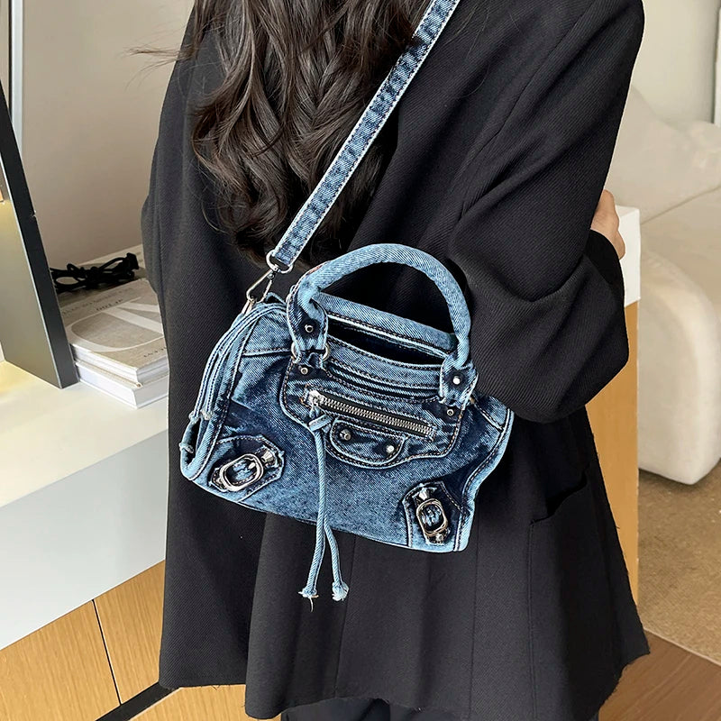 Washed Denim Rivet Shoulder Bag