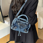 Washed Denim Rivet Shoulder Bag