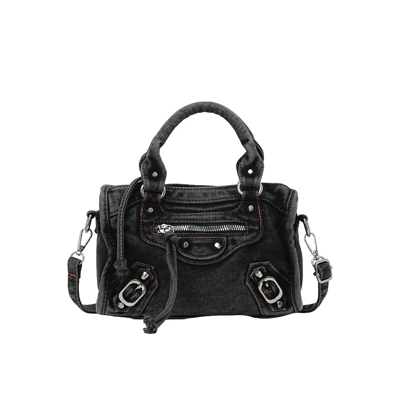 Washed Denim Rivet Shoulder Bag
