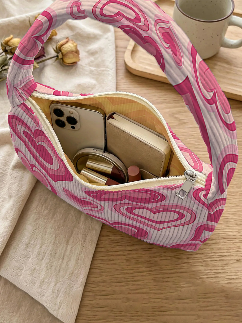 Corduroy Heart Print Hobo Bag