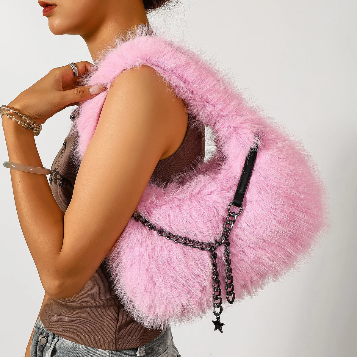 Faux Fur Chain Handbag