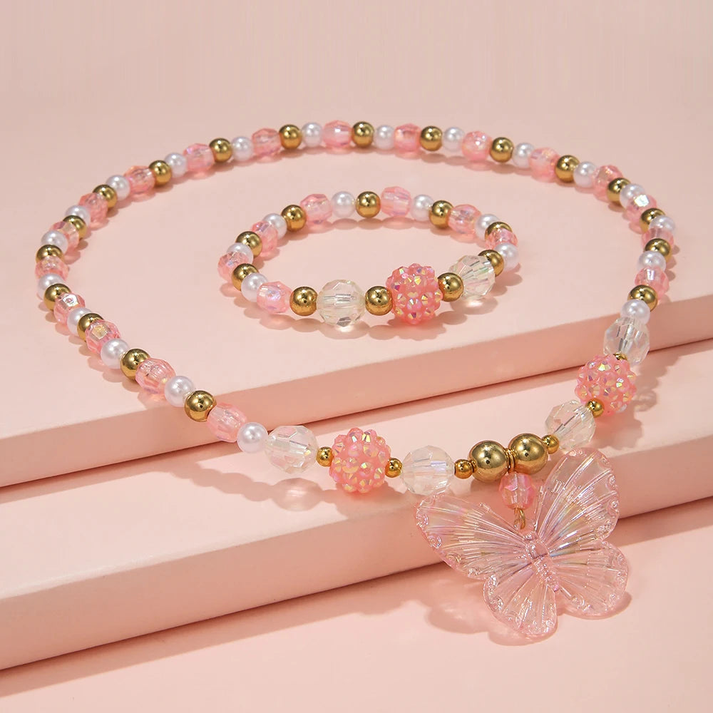 Pink Butterfly Necklace & Bracelet Set