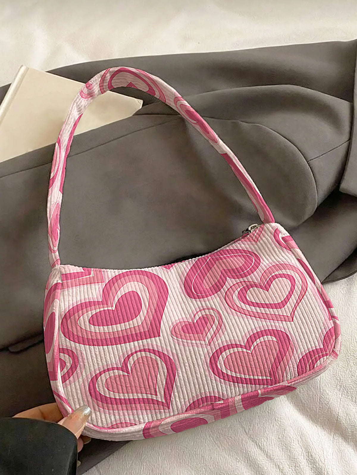 Corduroy Heart Print Hobo Bag